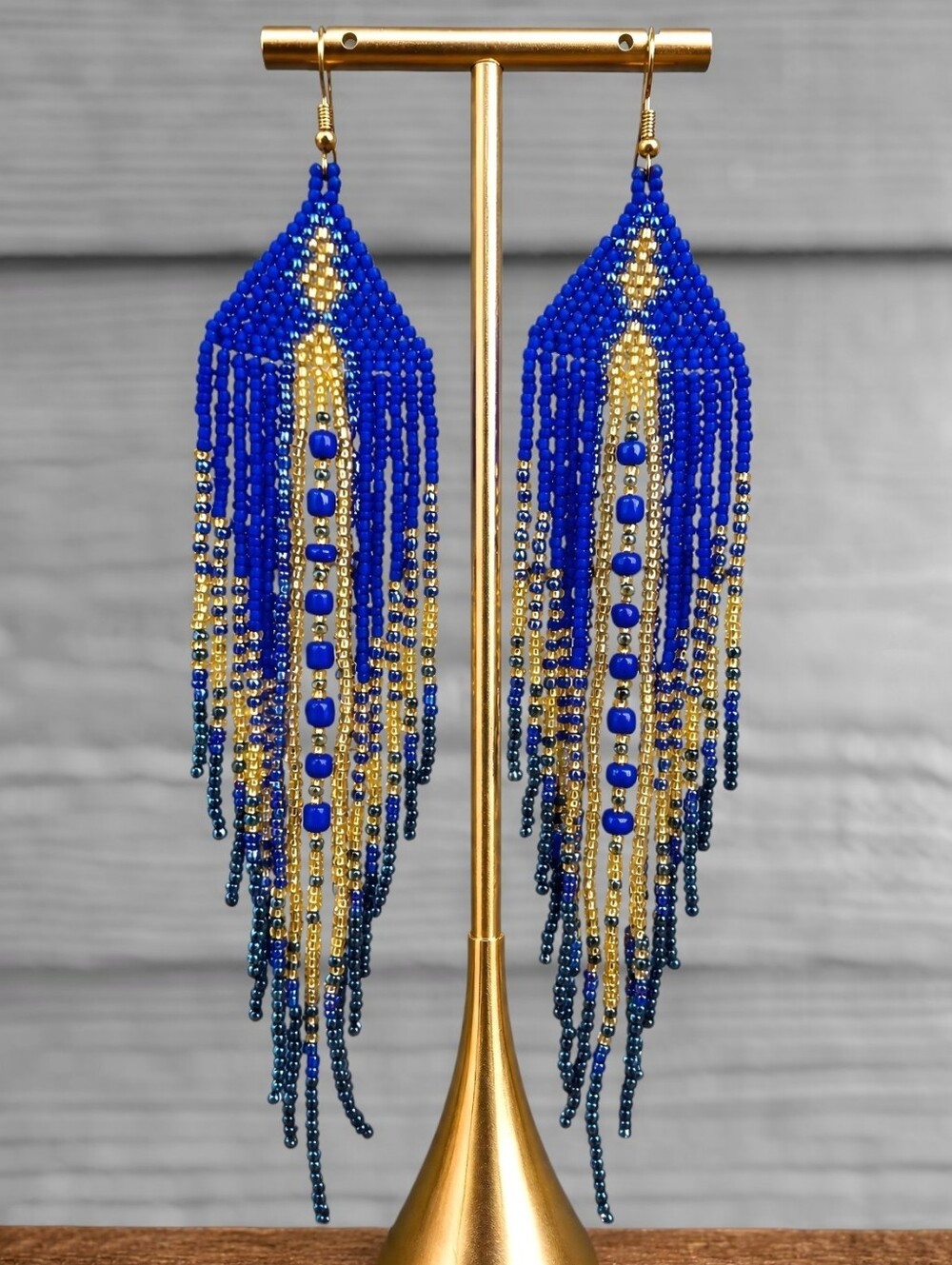 Cobalt Blue Boho Fringe Beaded Earrings Handmade Southwestern Seed Bead Jewelry